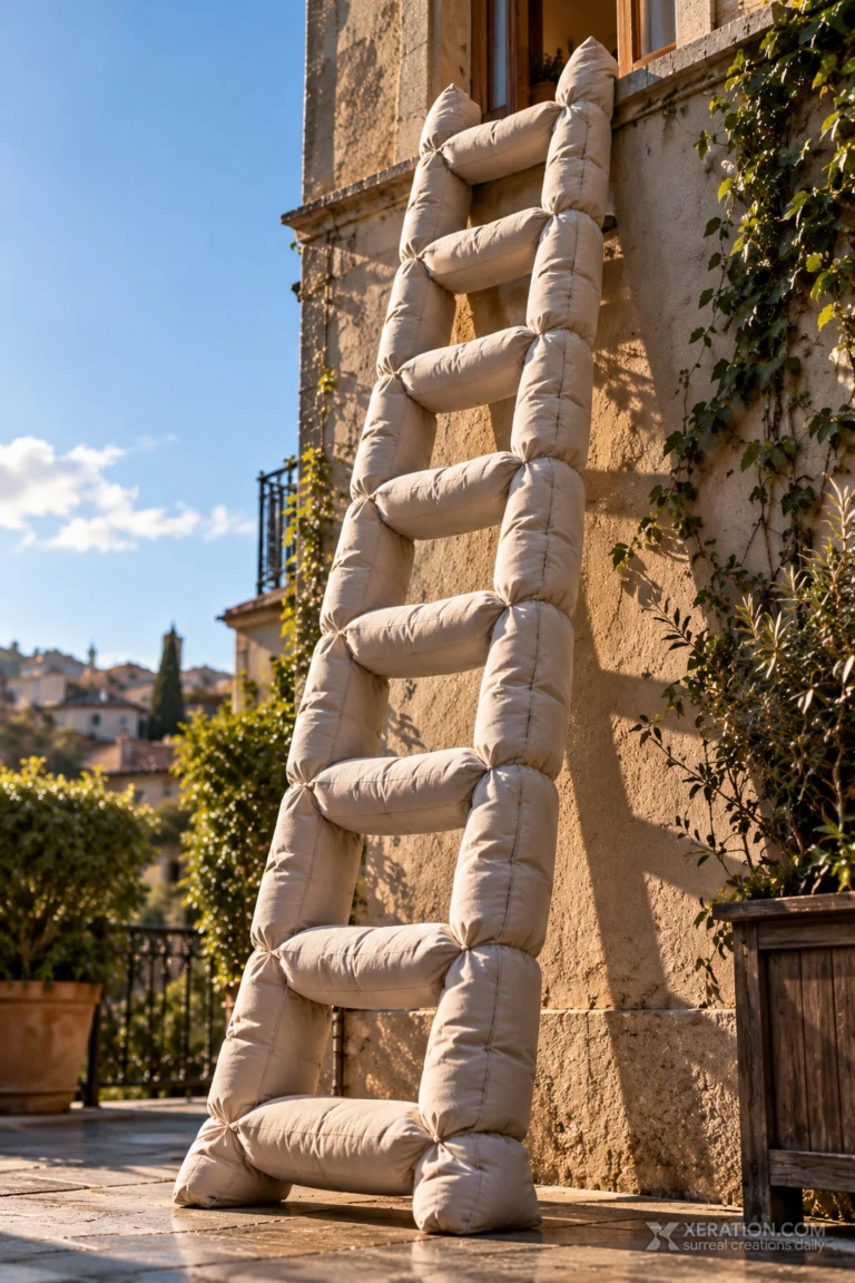 A tall ladder made from plump beige cushions leans against a sunlit stone wall beneath an open window.