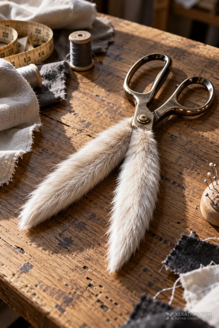 Brass tailor scissors with soft cream fur blades lying on a weathered wooden workbench beside sewing threads.