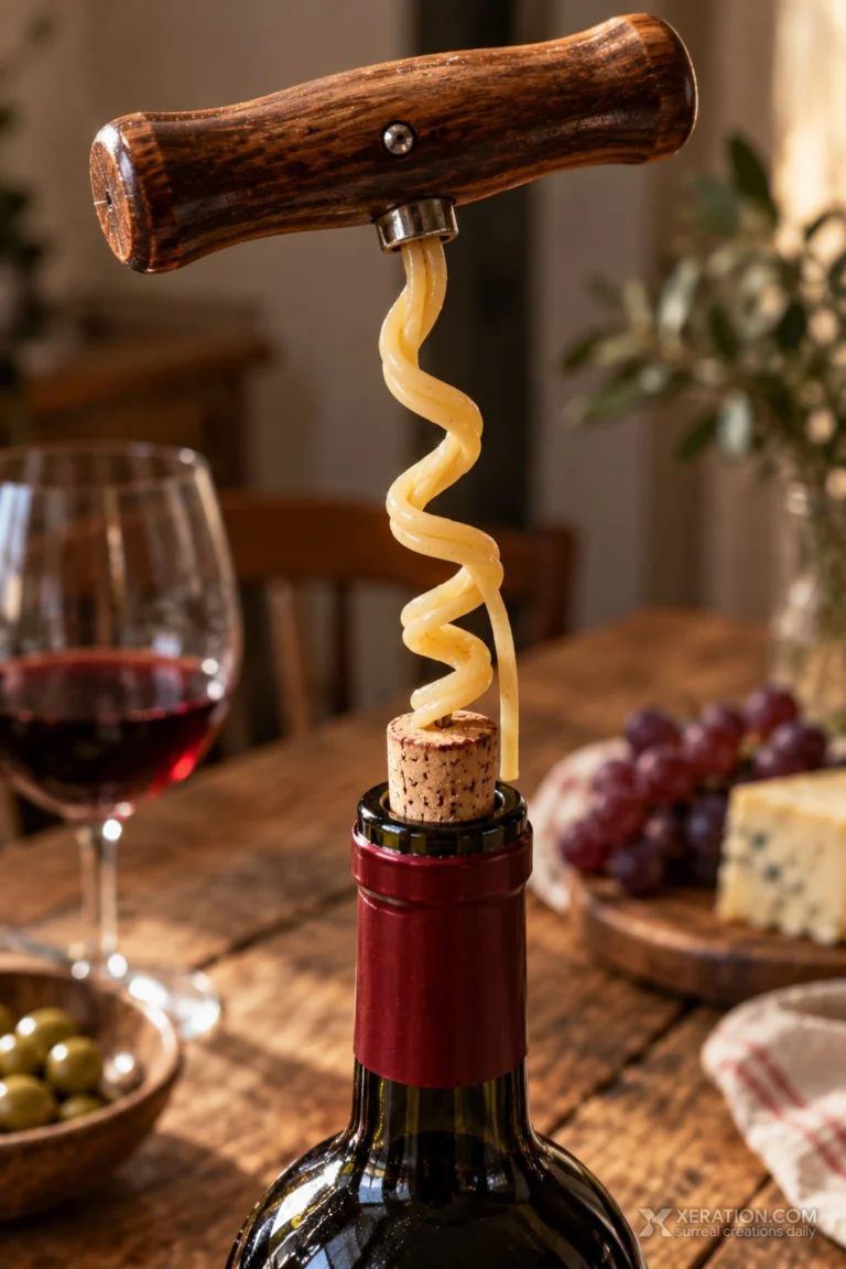 A wooden corkscrew with a cooked noodle spiral instead of a steel screw sits in a wine bottle on a rustic wooden table.