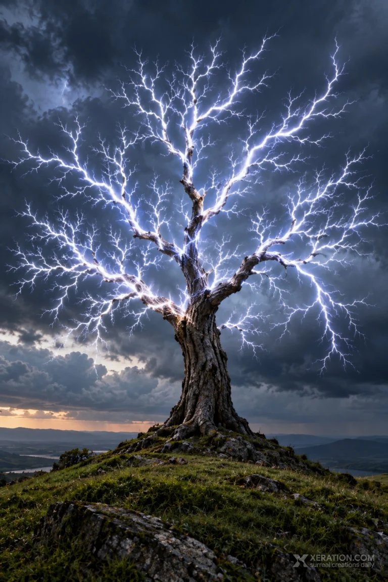 A weathered tree on a grassy hill, its wooden branches turning into electric lightning bolts under dark storm clouds.
