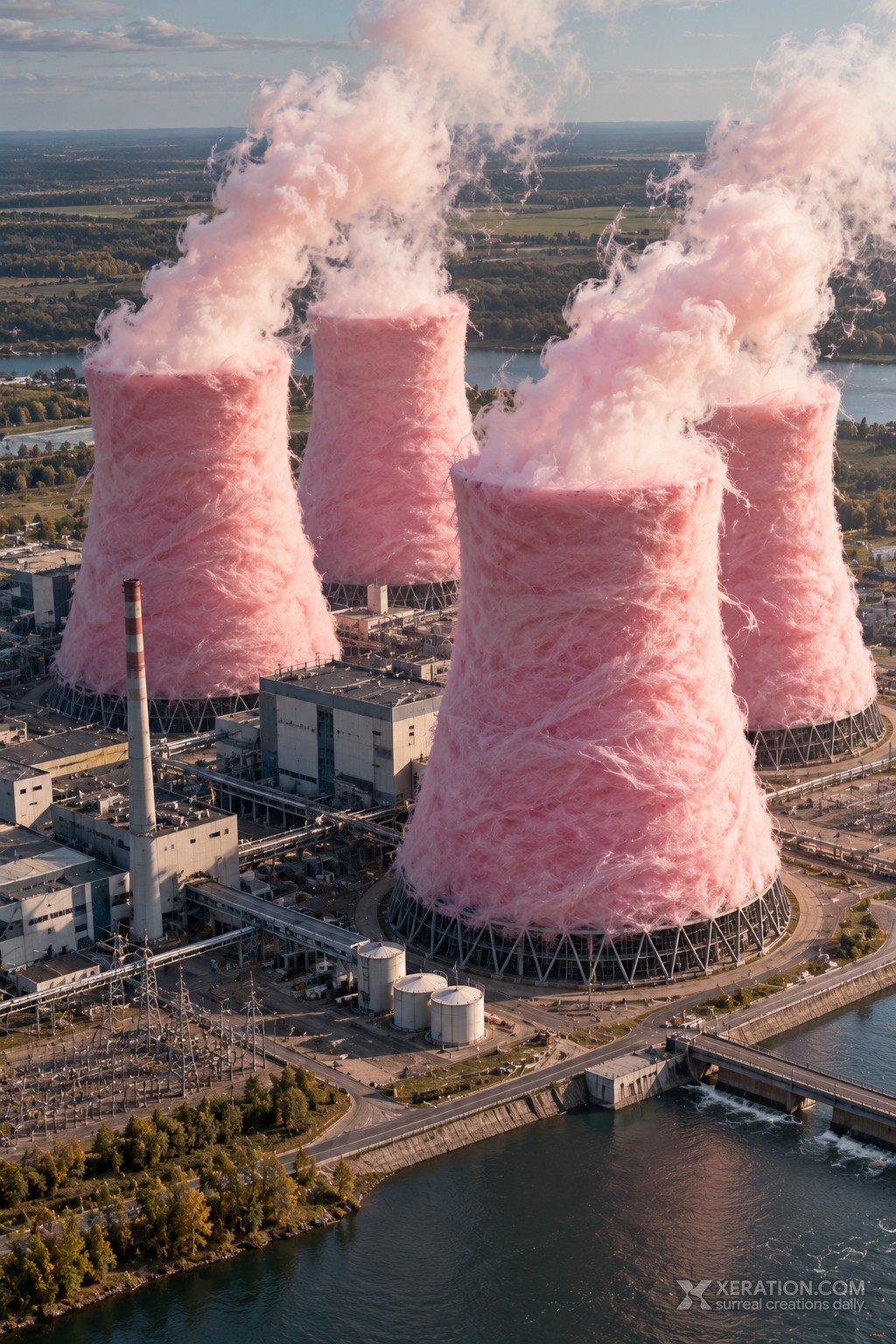 Four pink cotton candy cooling towers emitting wispy pink steam at a riverside concrete power plant.