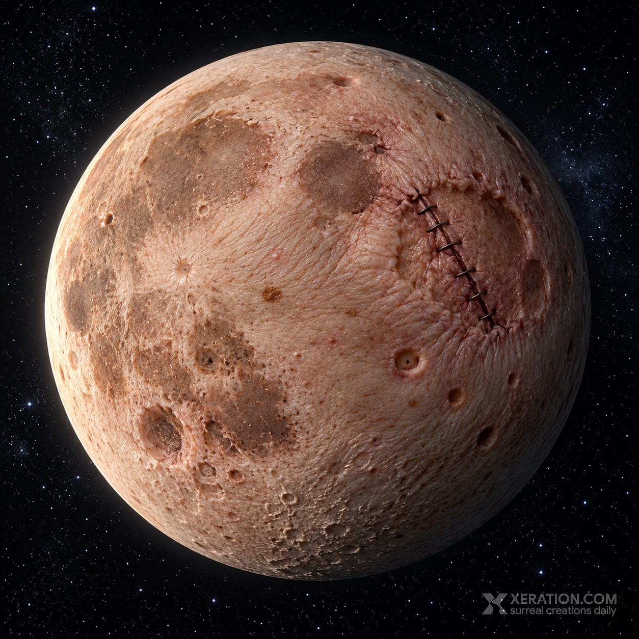 Pale moon formed from human skin with pores, moles, and a crater wound sealed by surgical stitches against black space.