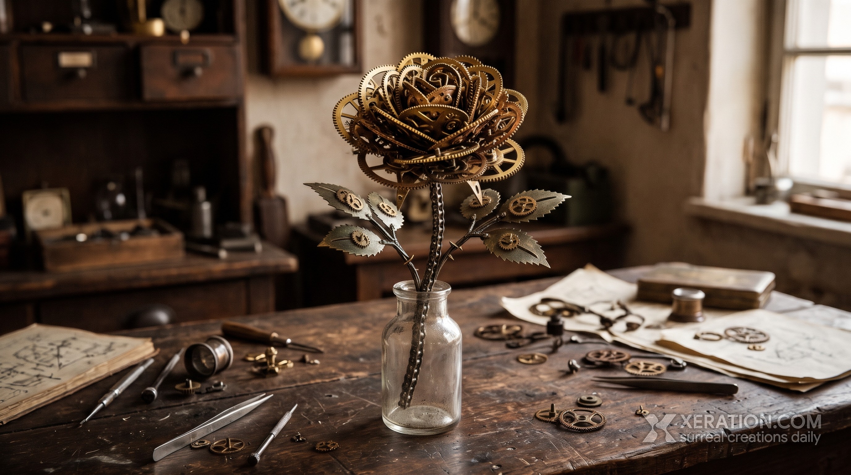 A rose formed from interlocking brass clockwork gears rests in a clear glass bottle on a wooden workbench.