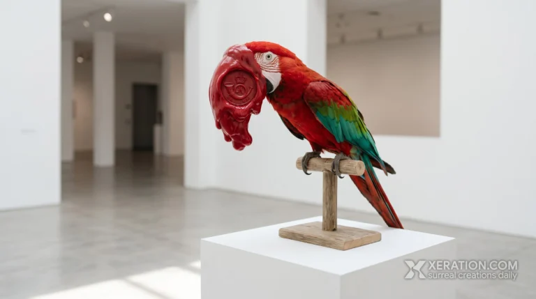A vibrant macaw on a wooden perch in a white gallery, its beak held shut by a stamped red wax seal.