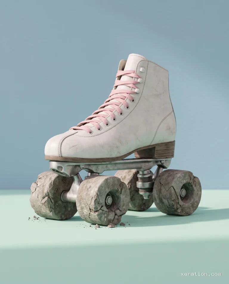 White leather roller skate with pink laces resting on heavy cylindrical steel road-roller drums against a pastel wall.