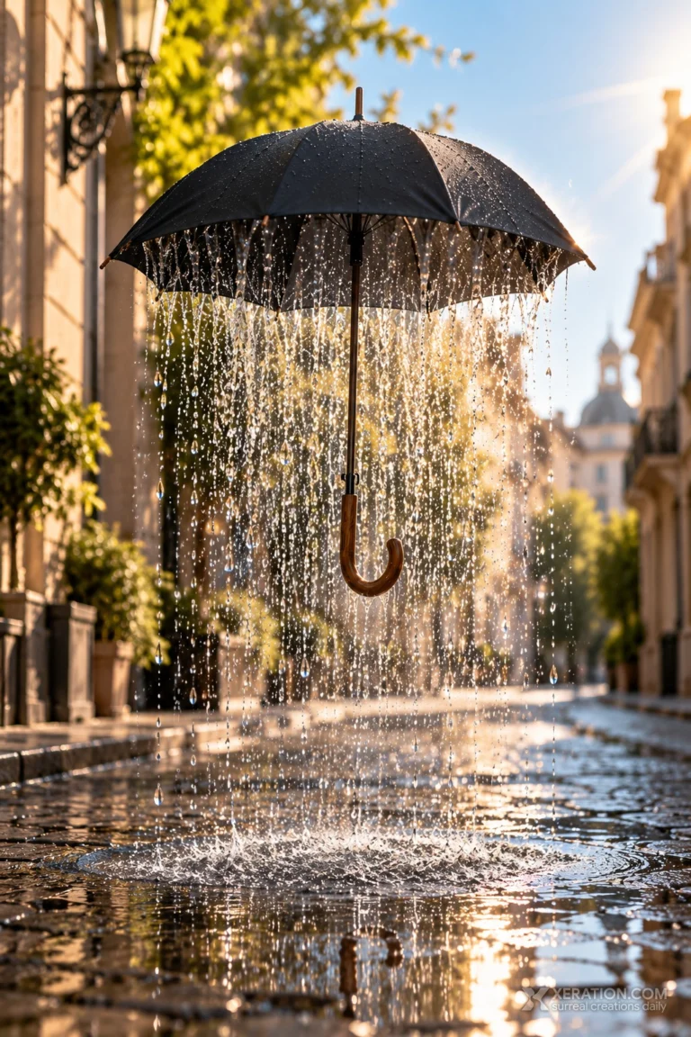 A black umbrella hovering over a sunny cobblestone street while rain pours from inside its canopy into a puddle.