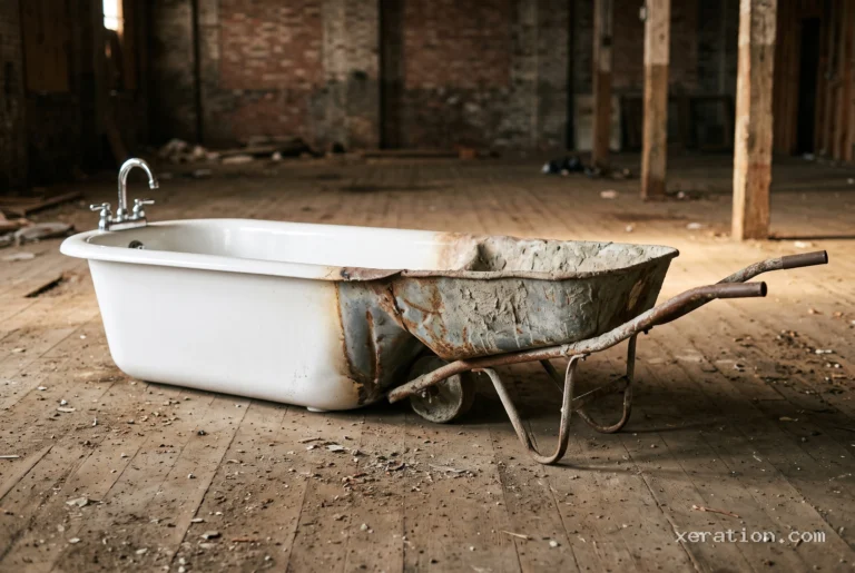 White acrylic bathtub transitioning into a dented steel wheelbarrow bucket on dusty warehouse floorboards.