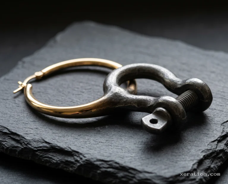 A gold hoop earring merging into a heavy steel bow shackle with a screw pin, resting on dark slate.