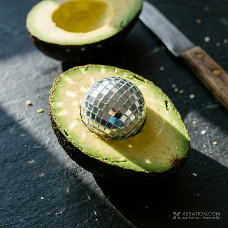 A sliced green avocado on dark slate with a tiny mirrored disco ball embedded in place of its pit under bright sunlight.