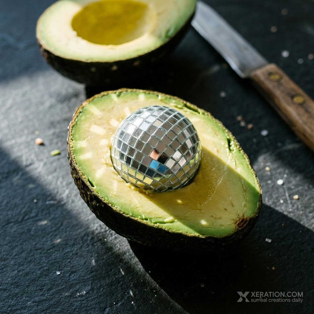 A sliced green avocado on dark slate with a tiny mirrored disco ball embedded in place of its pit under bright sunlight.