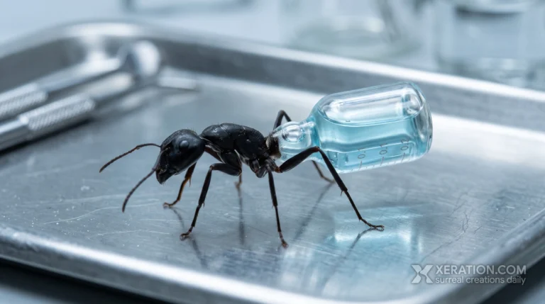 A black ant with a glass vial abdomen containing pale blue liquid stands on a stainless steel medical tray.