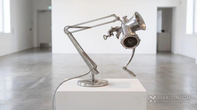 Brushed metal drafting lamp with a manual meat grinder replacing the shade, set on a white plinth in a bright gallery.