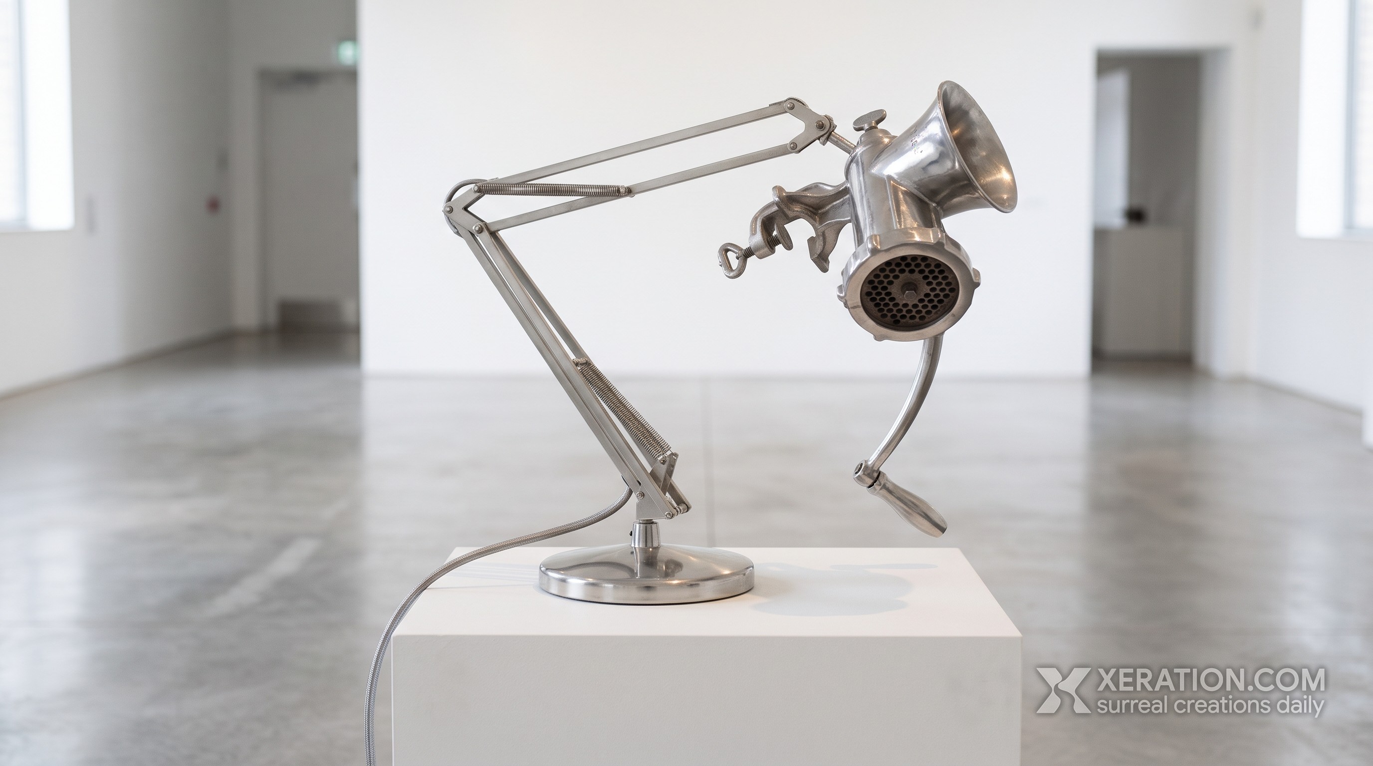 Brushed metal drafting lamp with a manual meat grinder replacing the shade, set on a white plinth in a bright gallery.