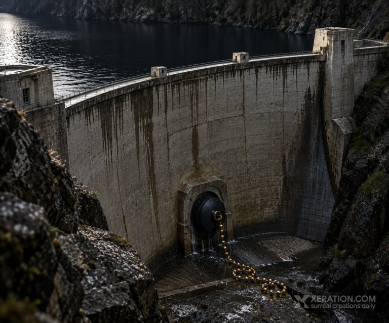 A giant black rubber bathtub plug with a brass ball chain blocks the low-level outlet of a grey concrete canyon dam.