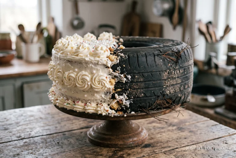Tiered white cake blending into cracked black car tire rubber with exposed steel wires on a rustic wooden table.