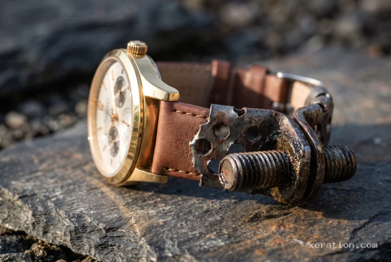 Gold wristwatch whose leather strap turns into a rusted steel pipe clamp with a tightening bolt, resting on slate.