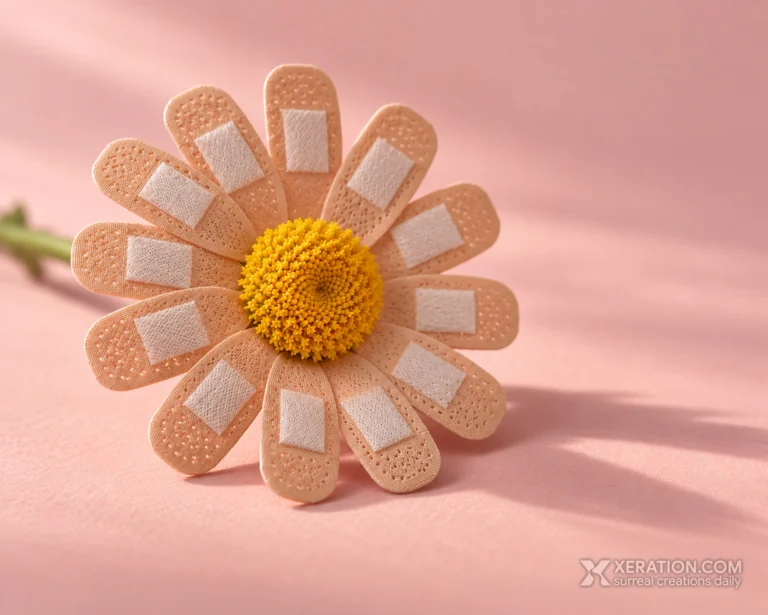 A daisy with miniature beige adhesive bandages instead of white petals, resting on a dusty pink background.