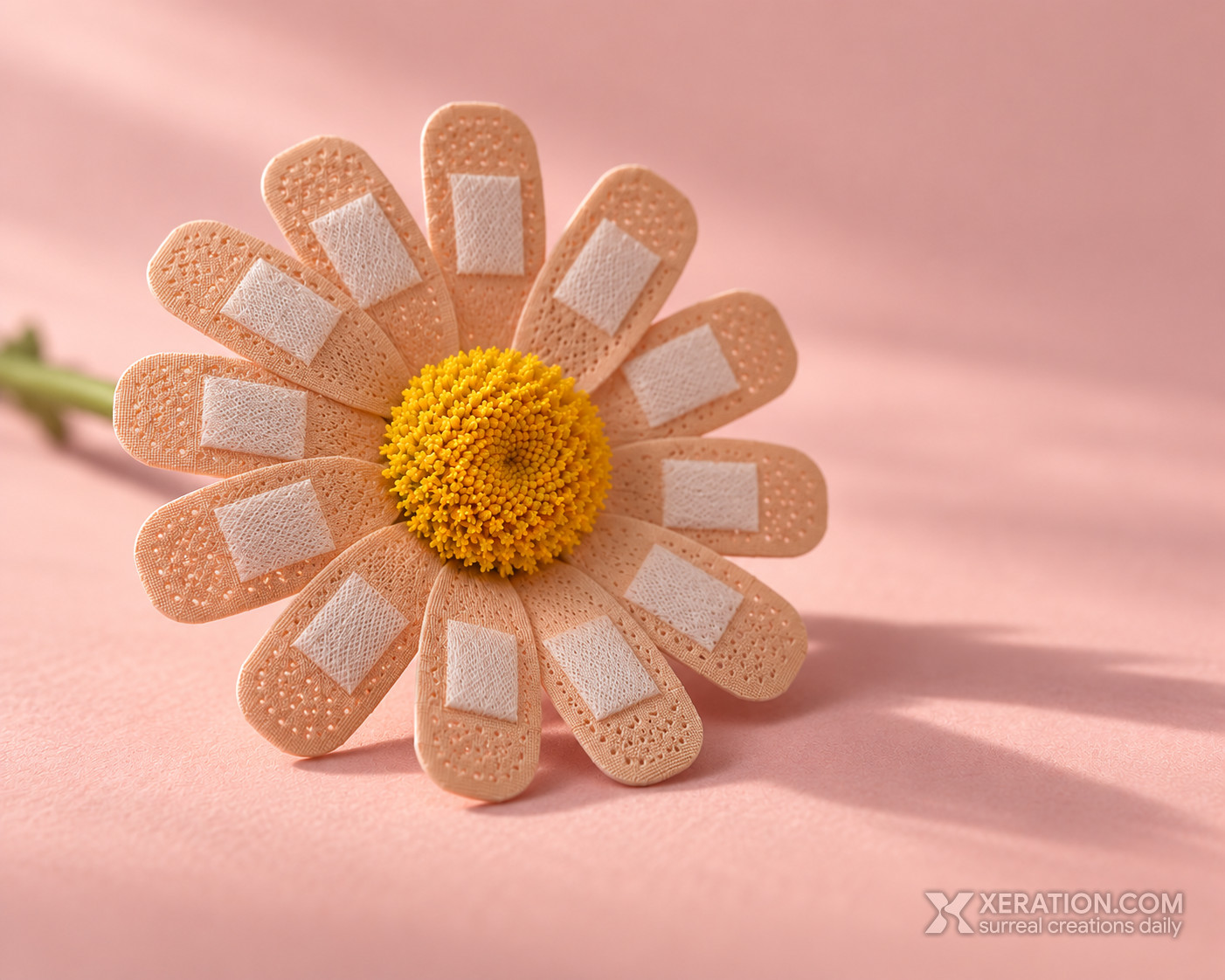 A daisy with miniature beige adhesive bandages instead of white petals, resting on a dusty pink background.
