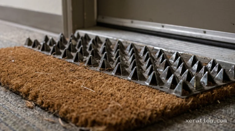 Coir welcome doormat at a doorway whose stiff bristles turn into sharp triangular steel spike strips.