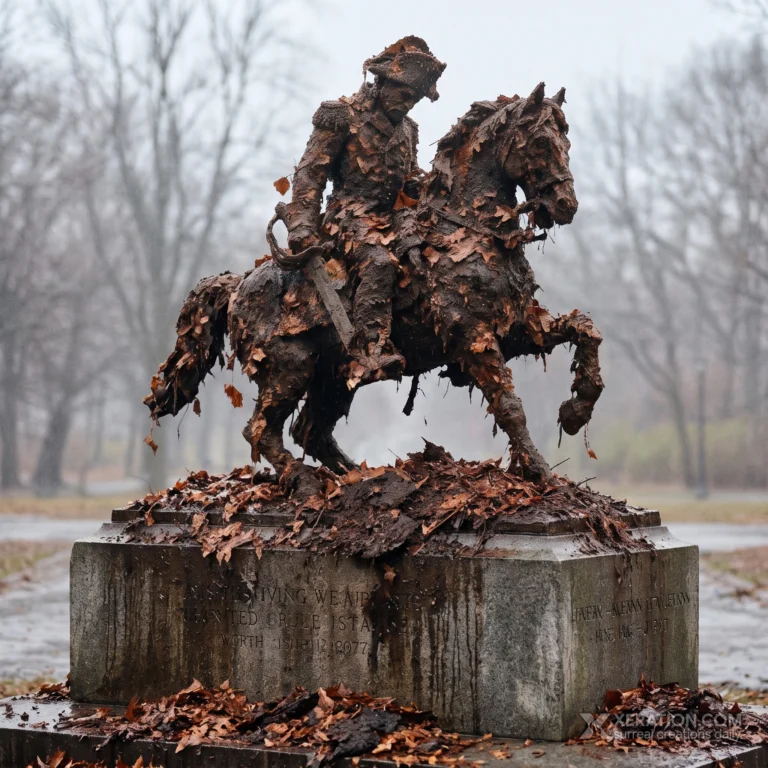 An equestrian monument sculpted from wet, decaying brown leaves stands on a stone pedestal in a foggy park.