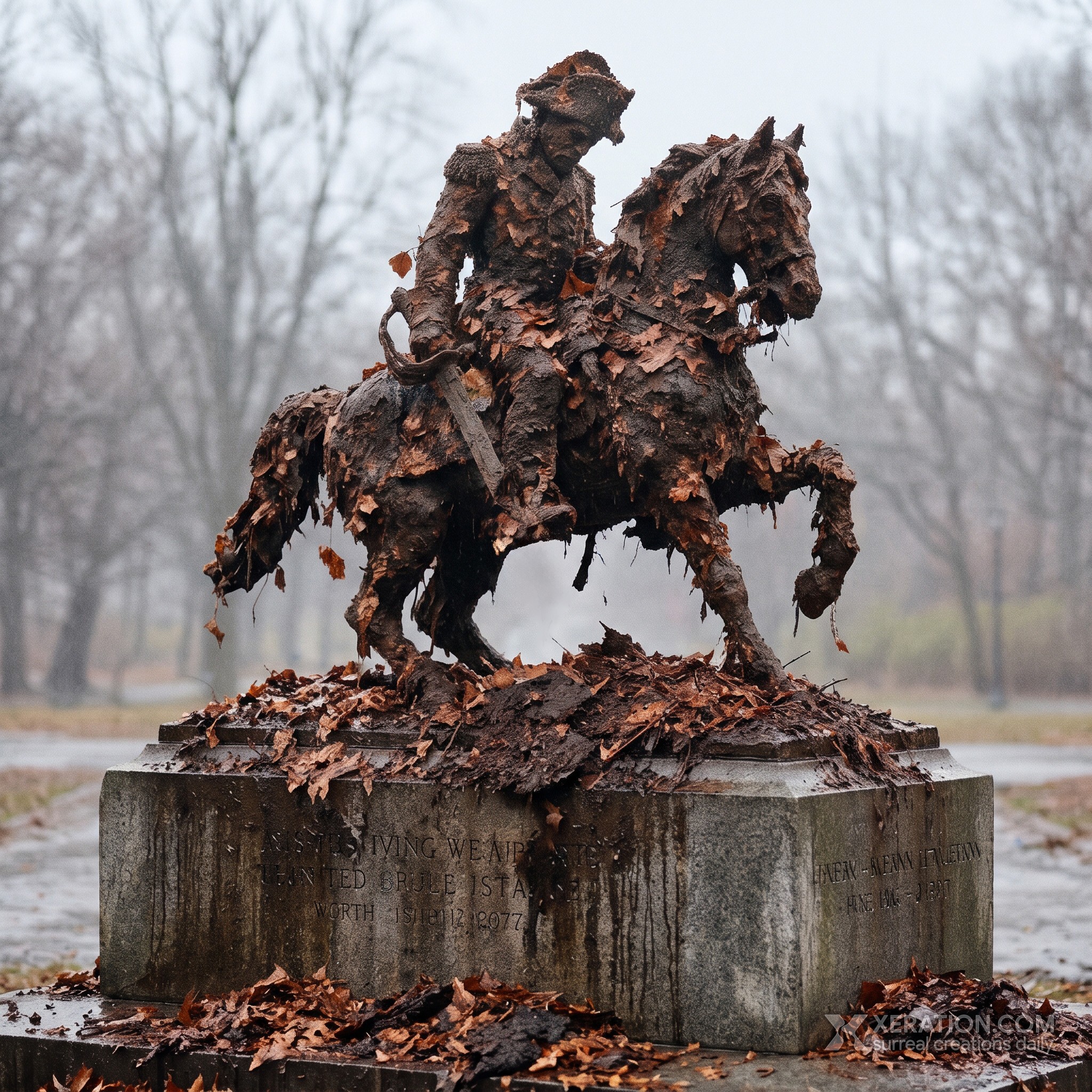 An equestrian monument sculpted from wet, decaying brown leaves stands on a stone pedestal in a foggy park.