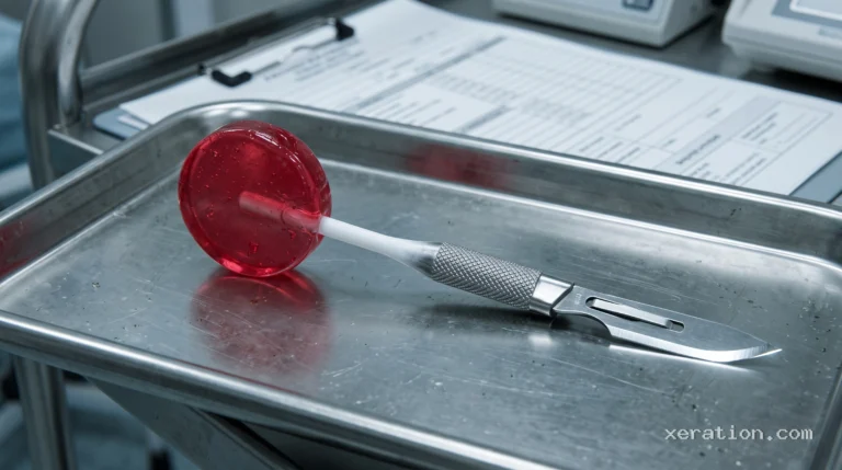Round red lollipop on a surgical metal tray whose white stick morphs into a knurled stainless steel scalpel handle.
