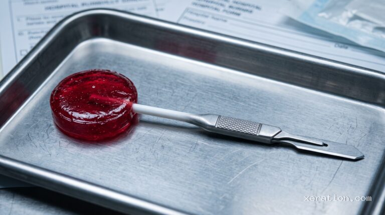 Round red lollipop on a surgical metal tray whose white stick morphs into a knurled stainless steel scalpel handle.