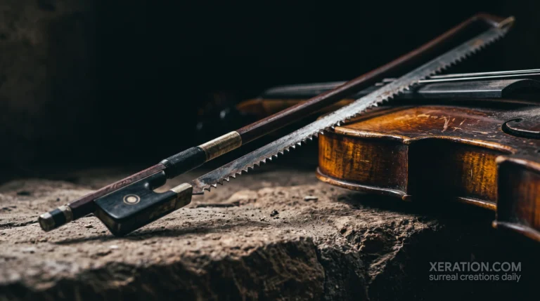 A dark wooden violin bow strung with a serrated steel hacksaw blade, resting on a rustic stone ledge.