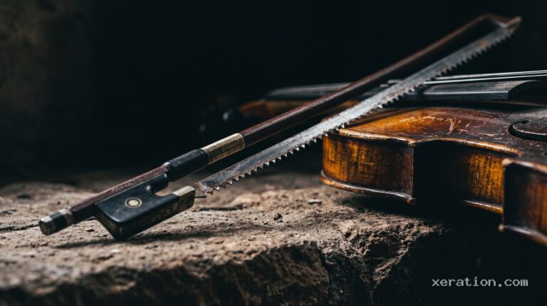 A dark wooden violin bow strung with a serrated steel hacksaw blade, resting on a rustic stone ledge.