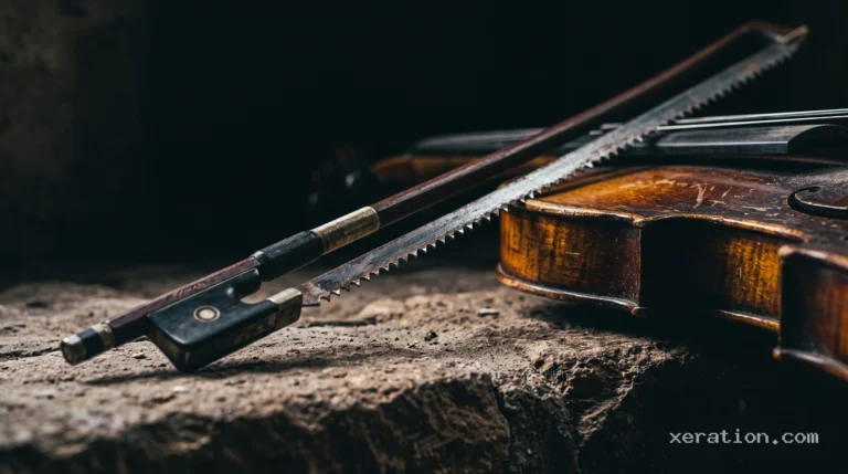 A dark wooden violin bow strung with a serrated steel hacksaw blade, resting on a rustic stone ledge.