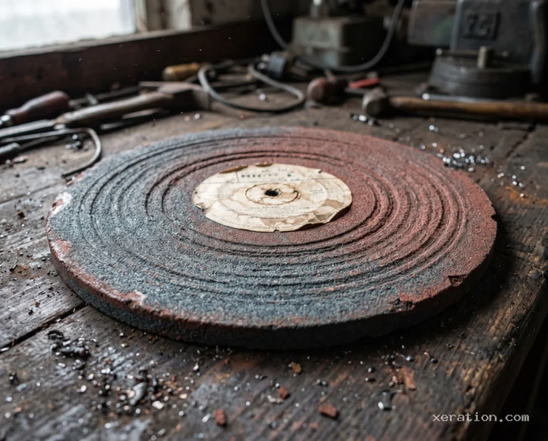 A dark corundum grinding disc with a red center label and record grooves, set on a metal-dusted workbench.