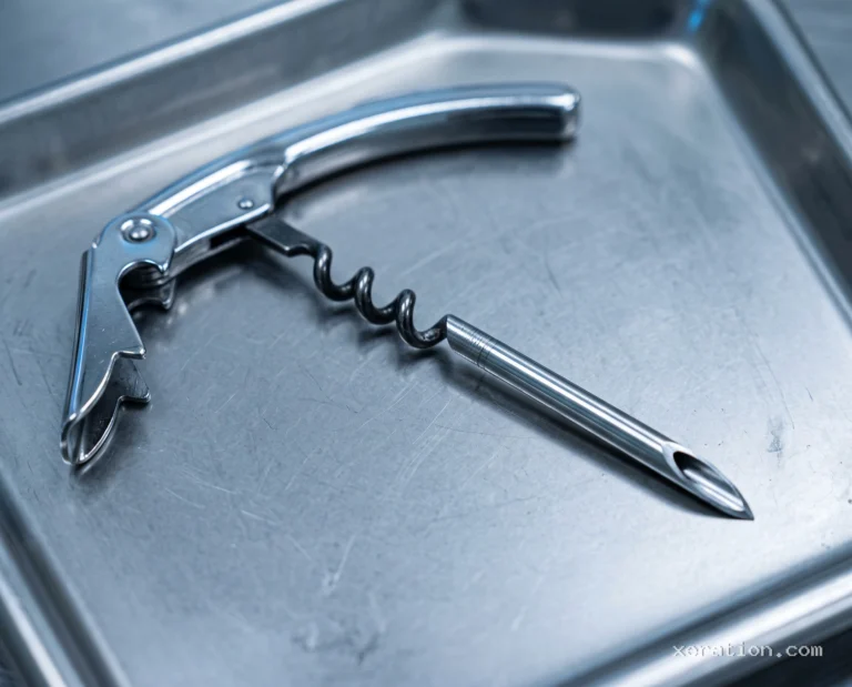 Chrome corkscrew tapering into a hollow beveled surgical needle on a stainless steel medical tray.