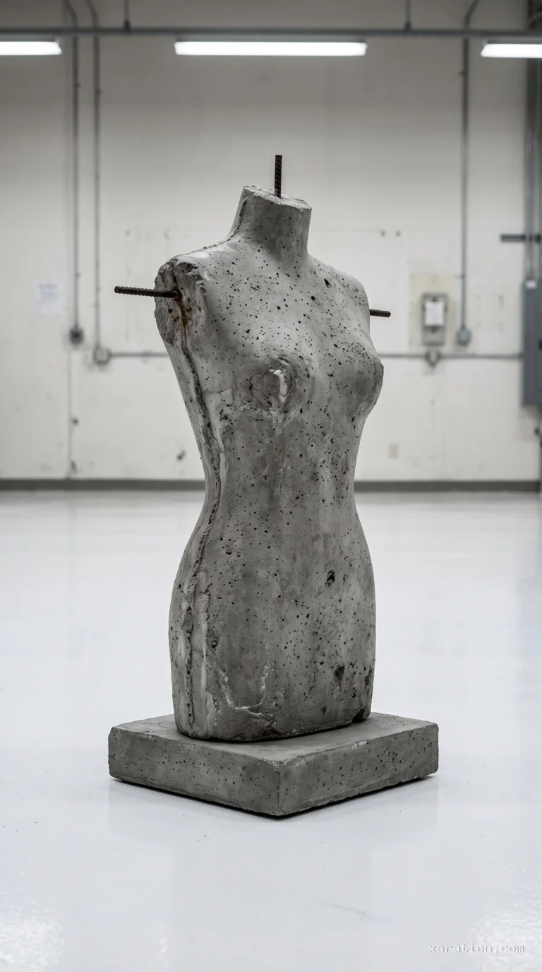 Grey raw concrete tailor mannequin with exposed rusted rebar rods on shoulders, standing on a clinical white floor.