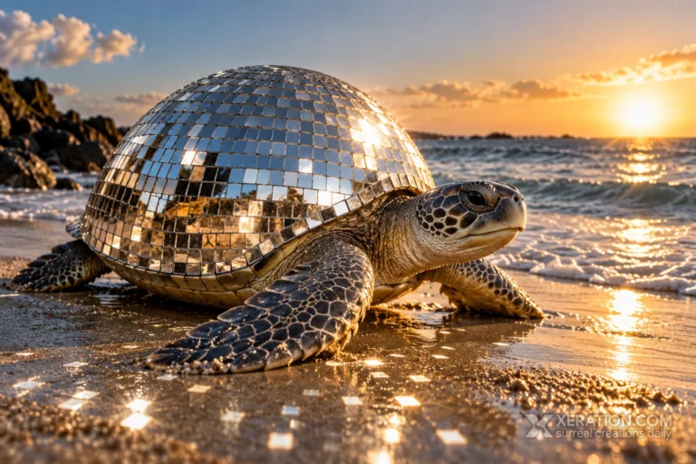 A sea turtle with a mirrored disco-ball shell on wet sand at sunset, reflecting warm golden light across the beach.