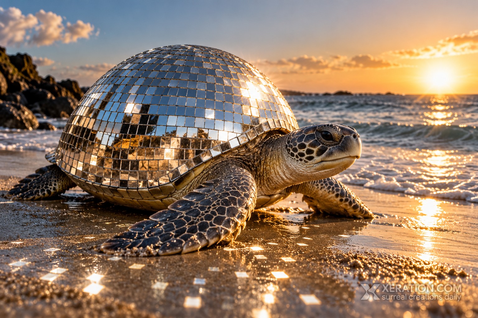 A sea turtle with a mirrored disco-ball shell on wet sand at sunset, reflecting warm golden light across the beach.