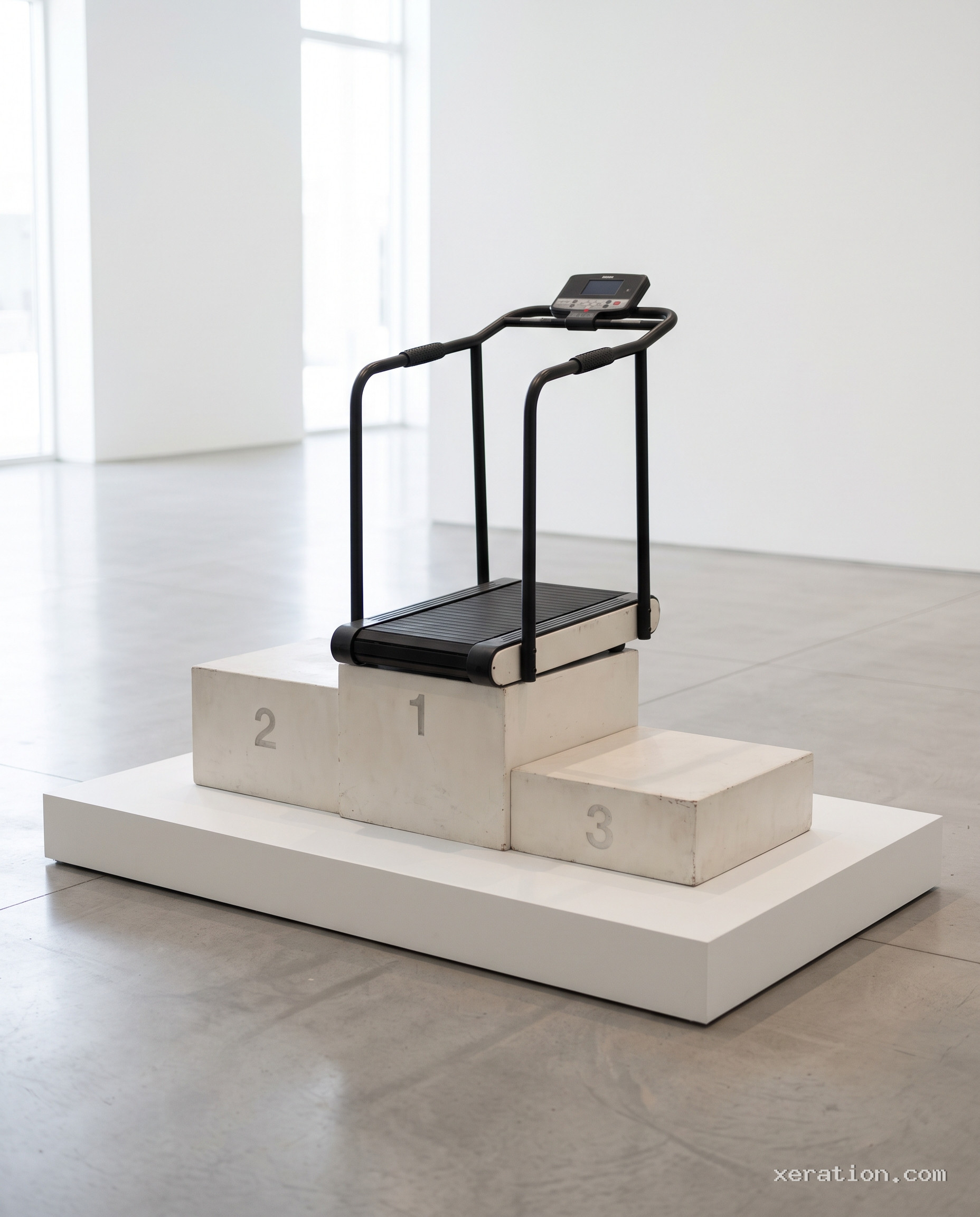 White three-tier sports podium with a black grooved rubber treadmill belt on the first-place platform in a bright gallery.