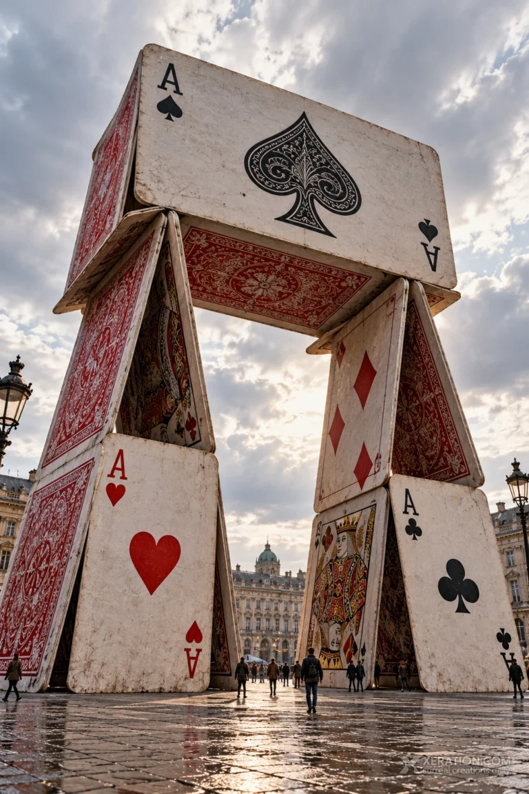 A monumental arch made of oversized, weathered playing cards standing on a wet cobblestone square beneath an overcast sky.