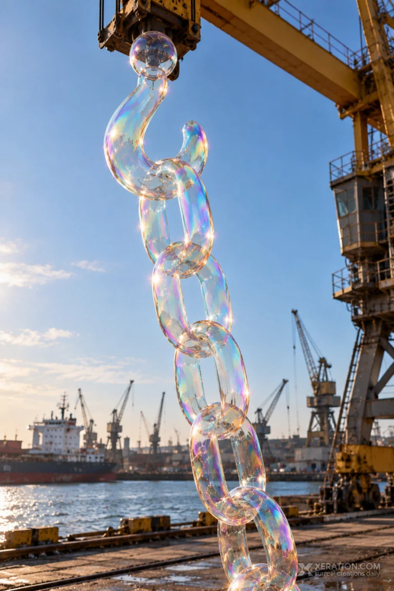 A lifting chain and hook formed from iridescent soap bubbles suspended from a yellow crane at an industrial shipyard.