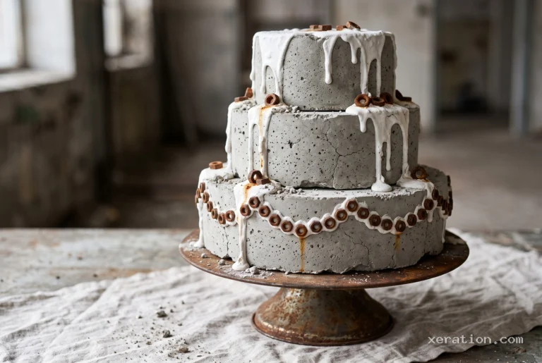 Three-tiered grey concrete wedding cake with plaster drips and rusted bolts on a dusty linen table.