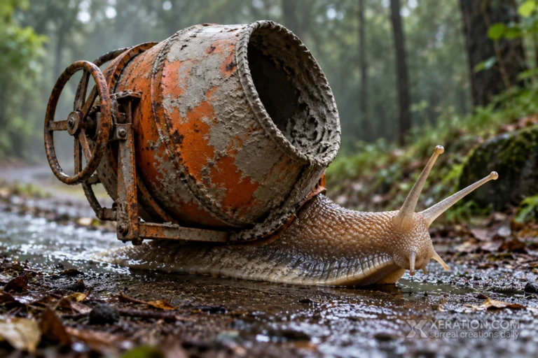 A snail crawling on wet forest soil, carrying an orange, rust-stained concrete mixer drum in place of its shell.