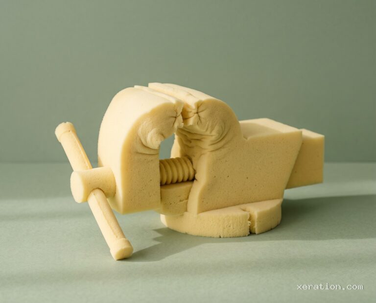 A yellow bench vise made of open-cell upholstery foam squishing on a pastel matte surface.