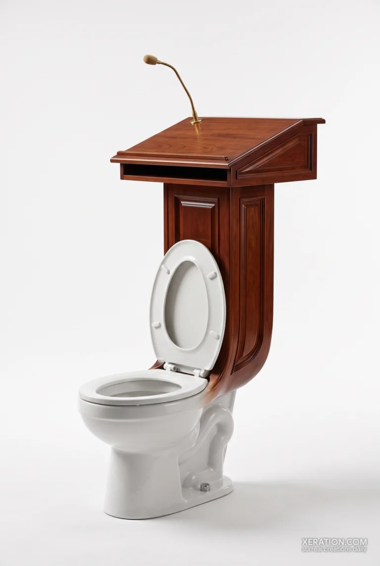 White ceramic toilet bowl whose lifted seat extends into a polished mahogany lectern shelf with a brass microphone.