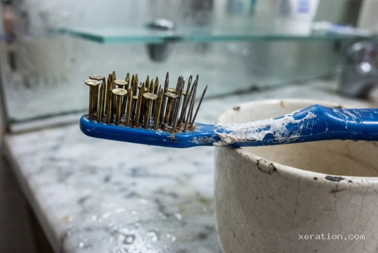 Plastic toothbrush with sharp upholstery tacks replacing bristles, bearing dried white paste on a marble counter.