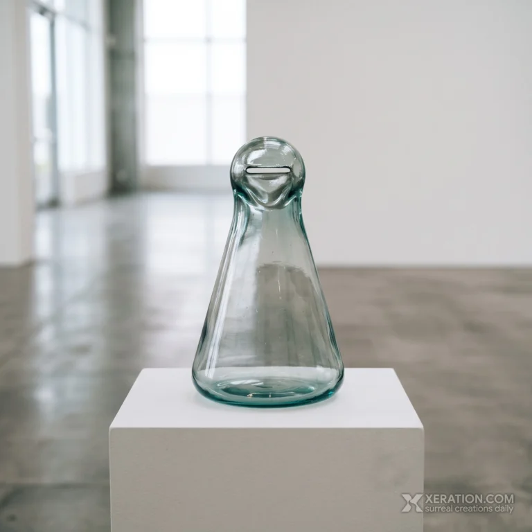 A pale aqua glass laboratory flask with a sealed rounded top featuring a narrow coin slot, set on a white pedestal.