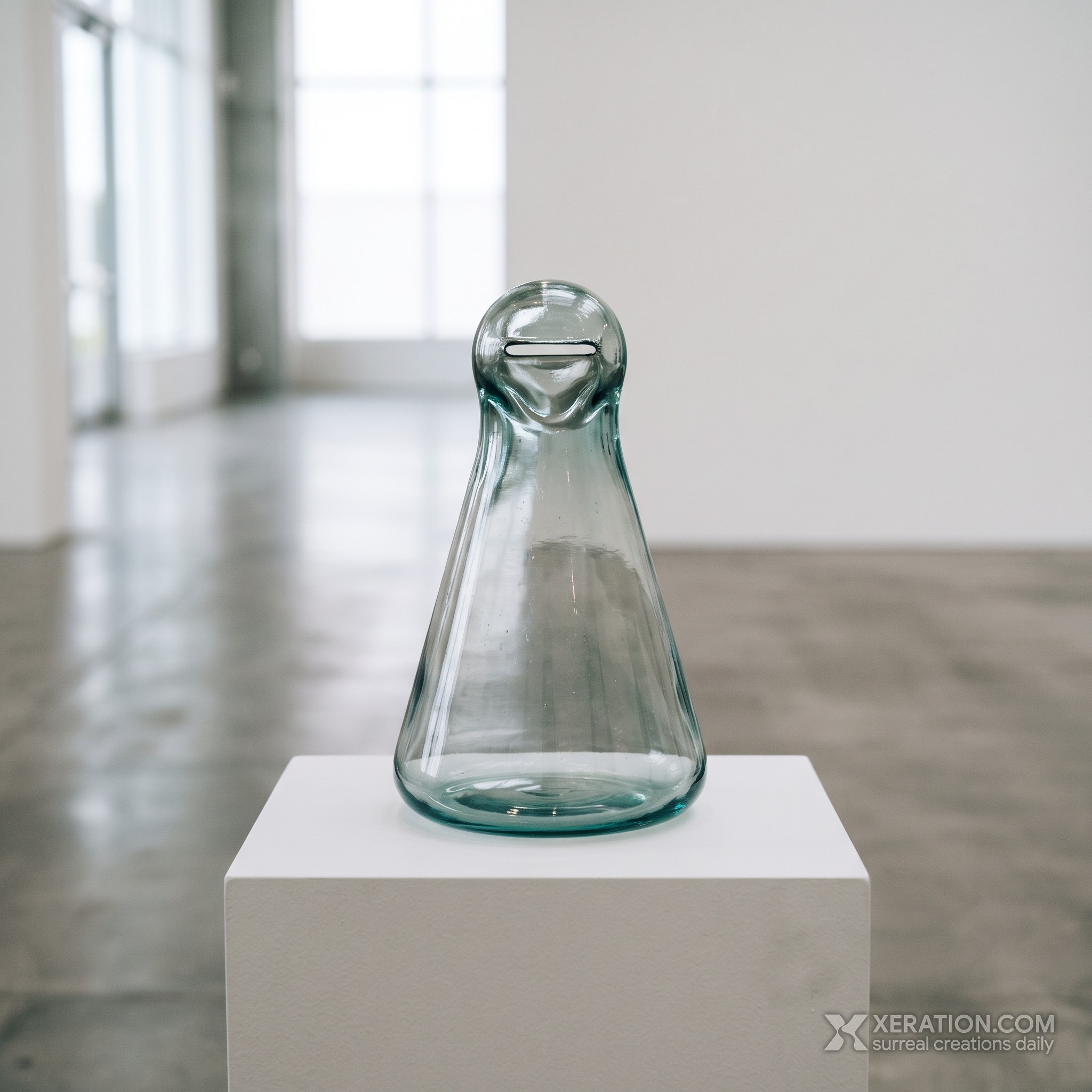A pale aqua glass laboratory flask with a sealed rounded top featuring a narrow coin slot, set on a white pedestal.