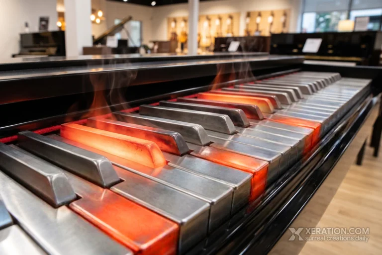 A black piano keyboard made of brushed steel keys, several glowing red-hot with faint smoke in a blurred showroom.