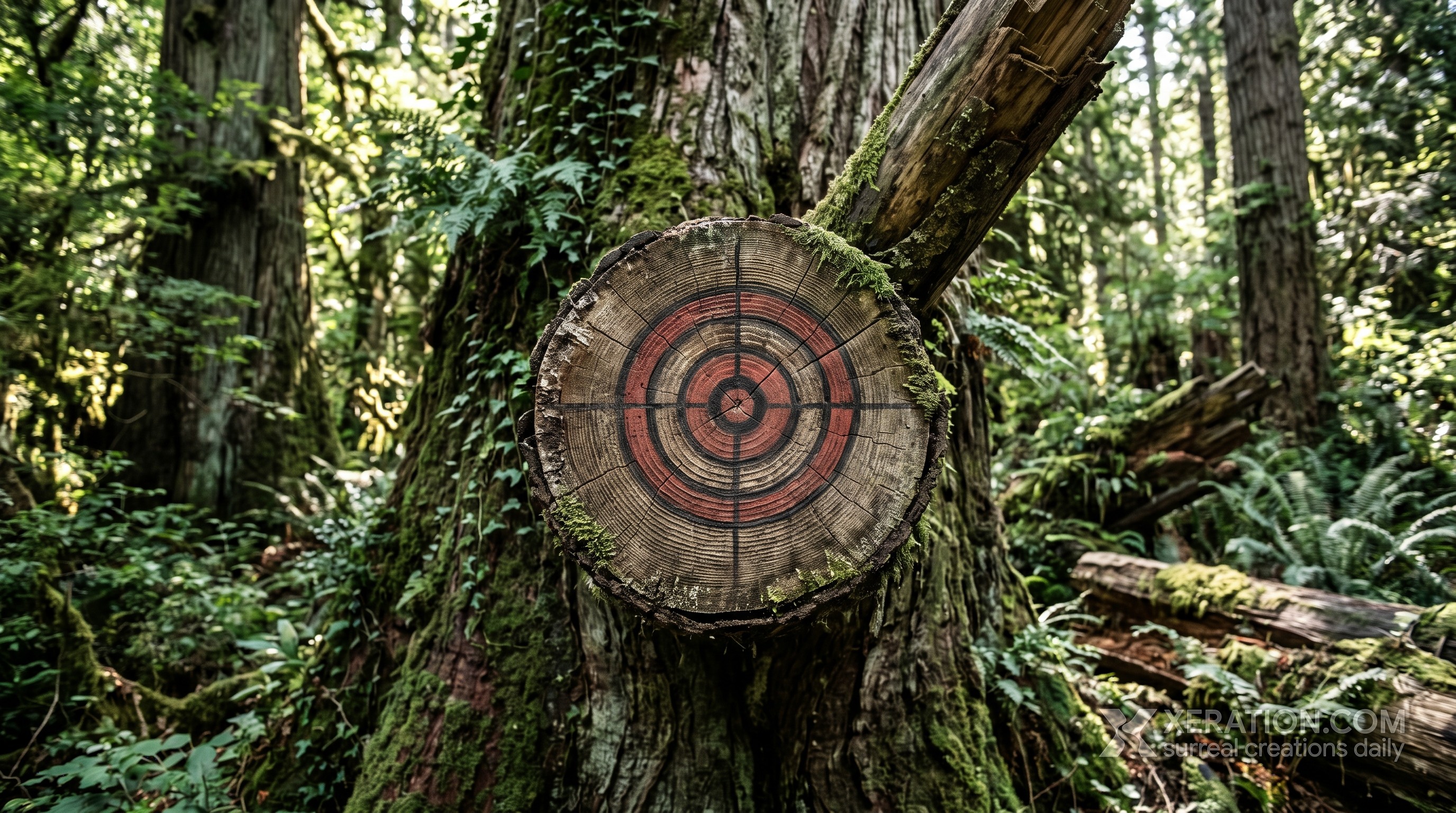 A cut branch on a mossy tree trunk marked with a red and black circular shooting target and crosshairs in a forest.