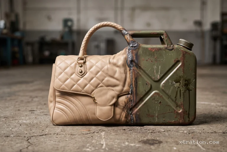 Quilted beige leather handbag merging into an olive-drab steel jerrycan on a cracked concrete floor.