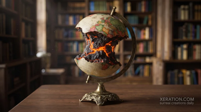 A brass and paper desk globe carved like an apple core, revealing dark rock and orange lava in a dim library.