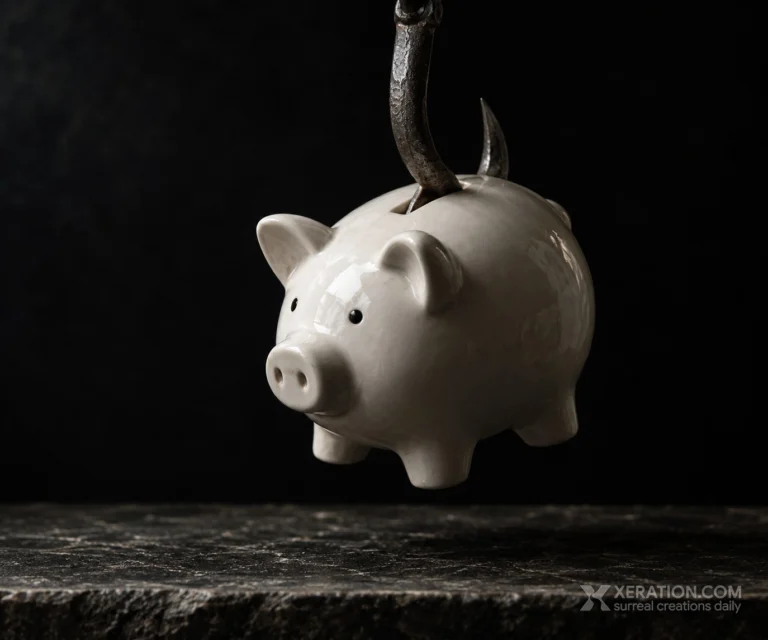 A glossy white porcelain piggy bank hangs by its coin slot from a forged iron meat hook above a dark stone slab.